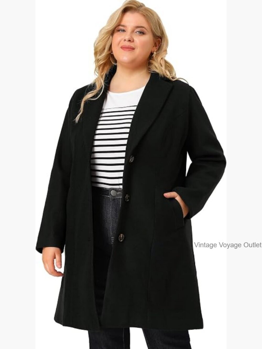 Plus Size Long Winter Trench Coat with Notched Lapel, Single Breasted, Elegant